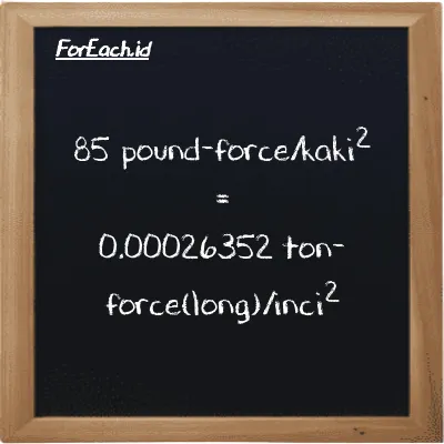 85 pound-force/kaki<sup>2</sup> setara dengan 0.00026352 ton-force(long)/inci<sup>2</sup> (85 lbf/ft<sup>2</sup> setara dengan 0.00026352 LT f/in<sup>2</sup>)